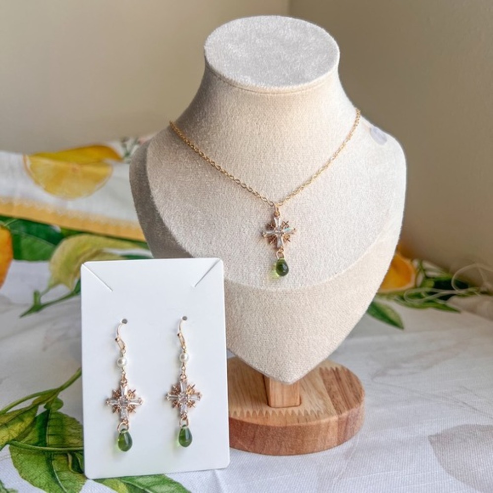 Jewelry Set Czech Glass Cross Shape Forest Green Pearl Boho Western Casual